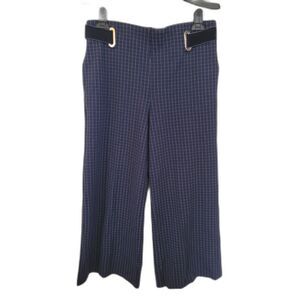 BETABRAND Navy Check Print Ponte Wide Leg Crop Pants